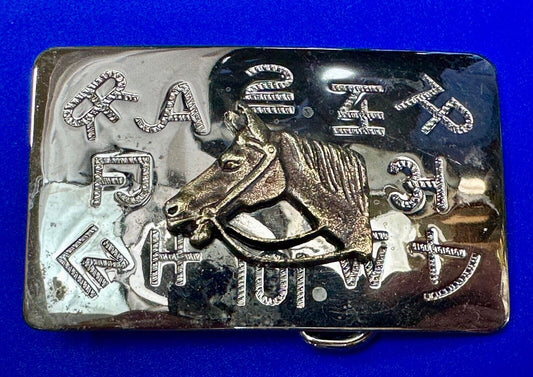 vintage horse head & branding symbols cowboys cowgirls belt buckle by Chambers
