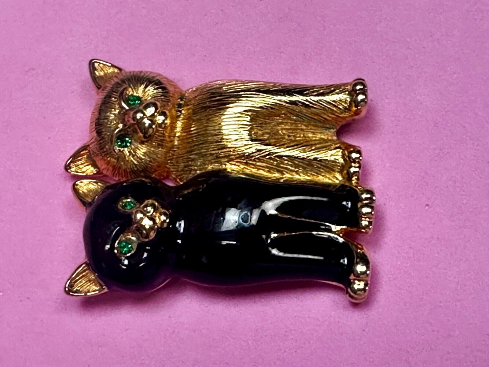 Two Sitting Cats Green Eyes, Black & Gold Kittens Brooch Pin Signed Swarovski