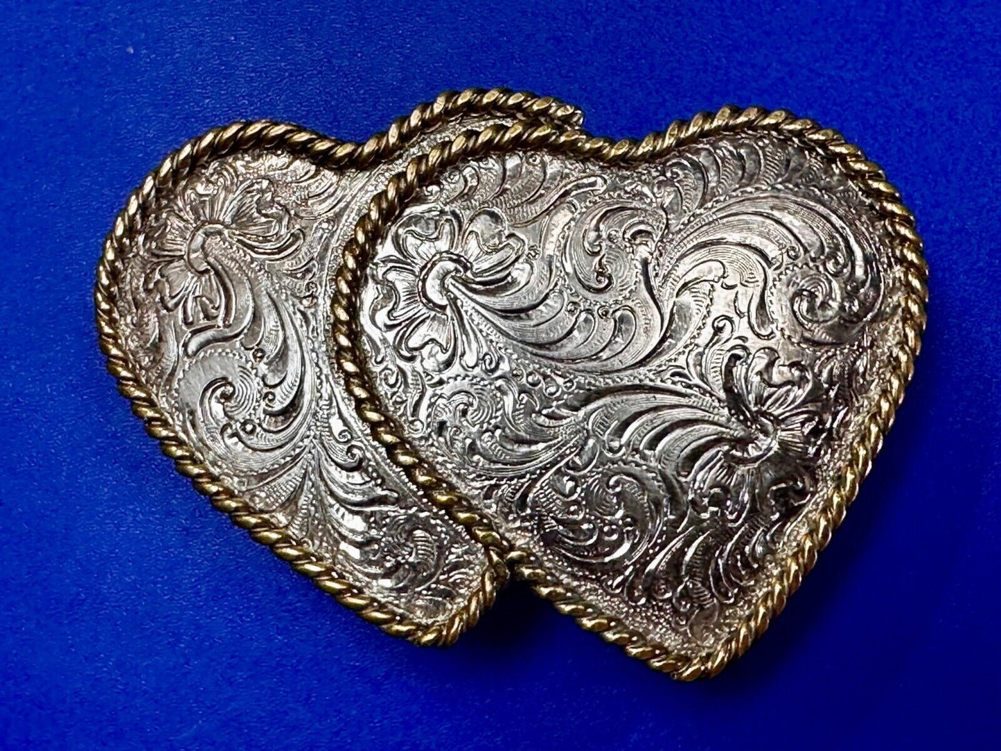 Two Deal Hearts - Vintage Award Design Medals Two Tone Western Belt Buckle