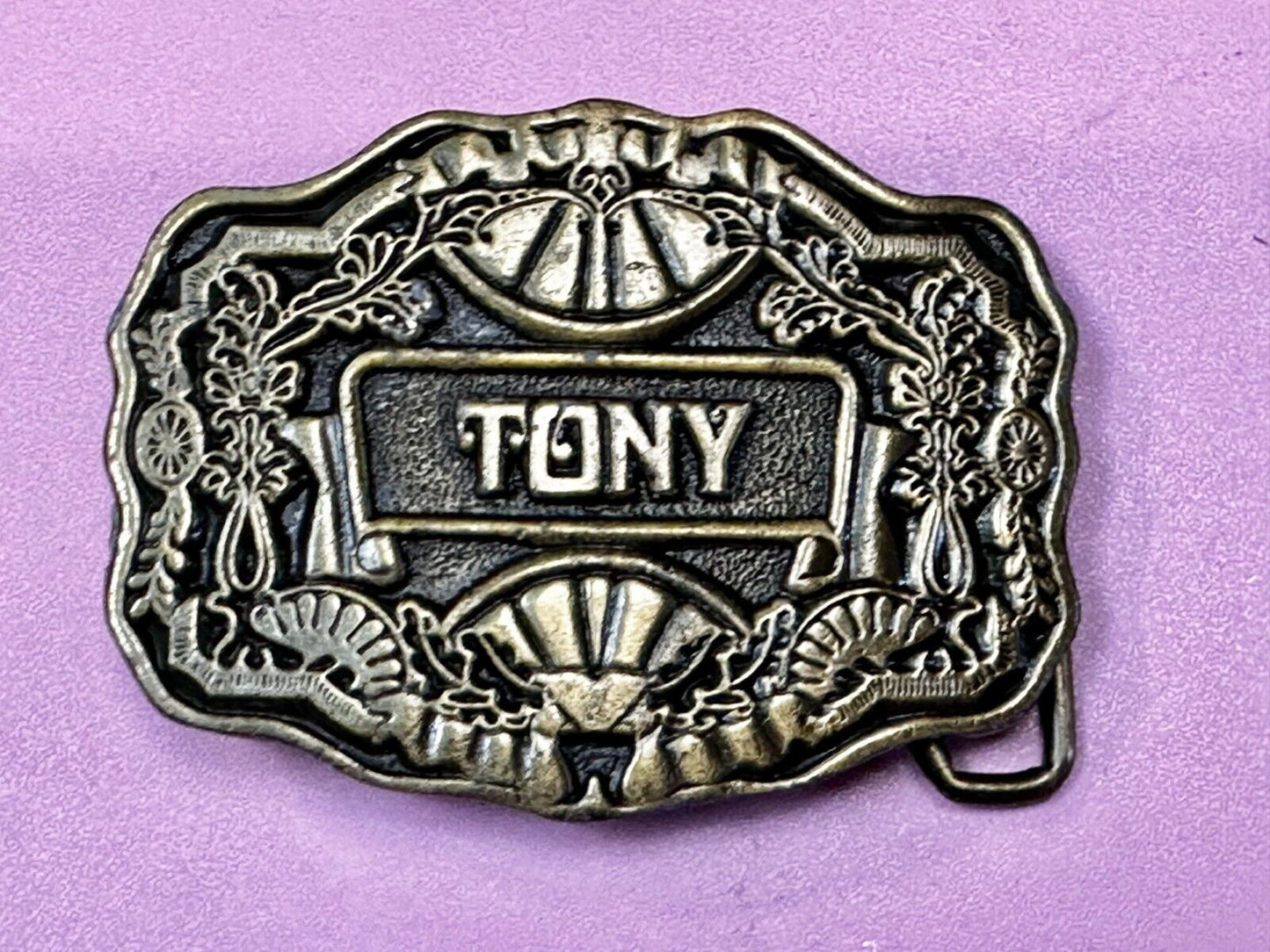 Tony Custom Name Western Framed  Flower Swirl Belt Buckle by ODEN Inc.