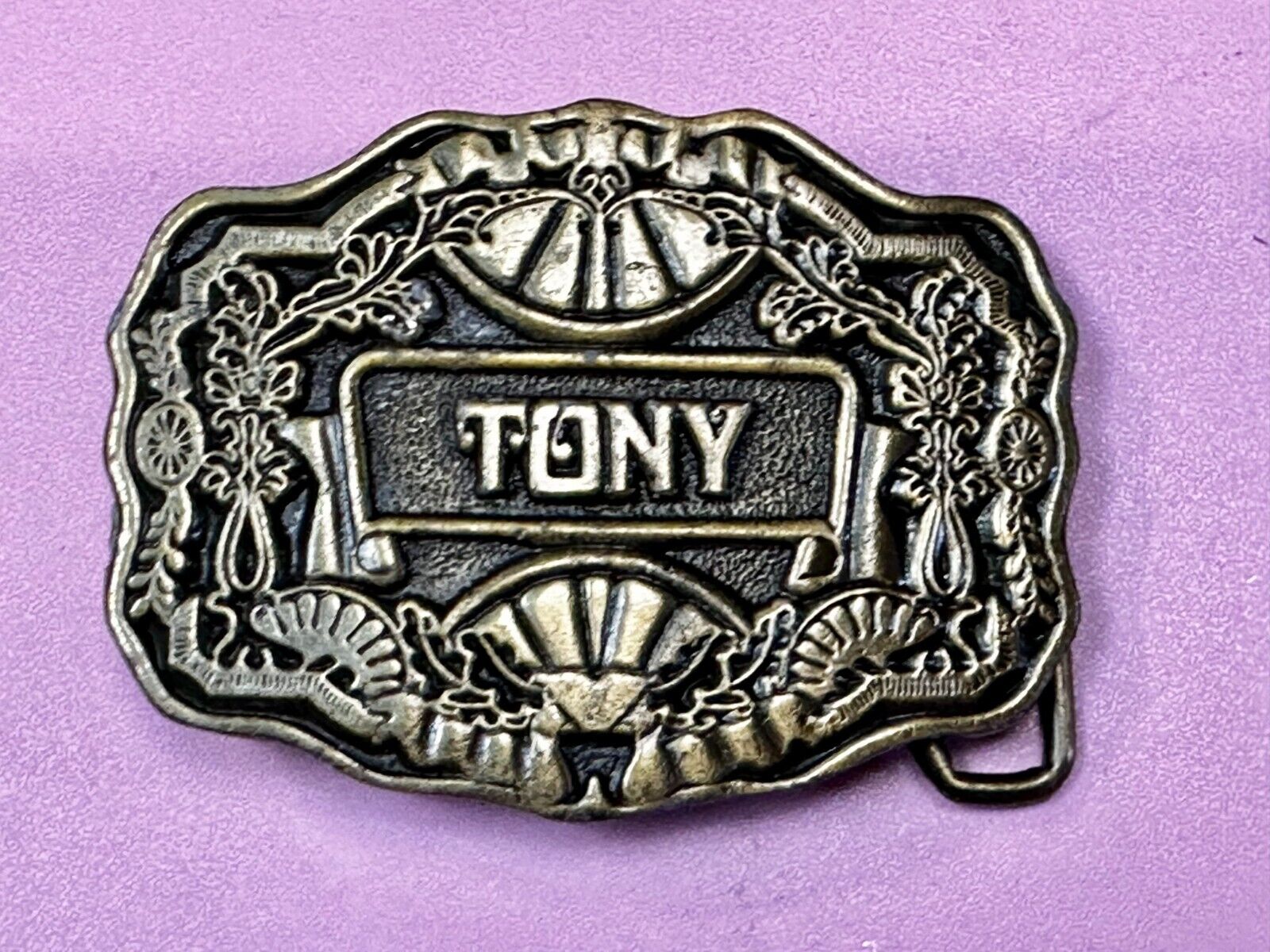 Tony Custom Name Western Framed  Flower Swirl Belt Buckle by ODEN Inc.