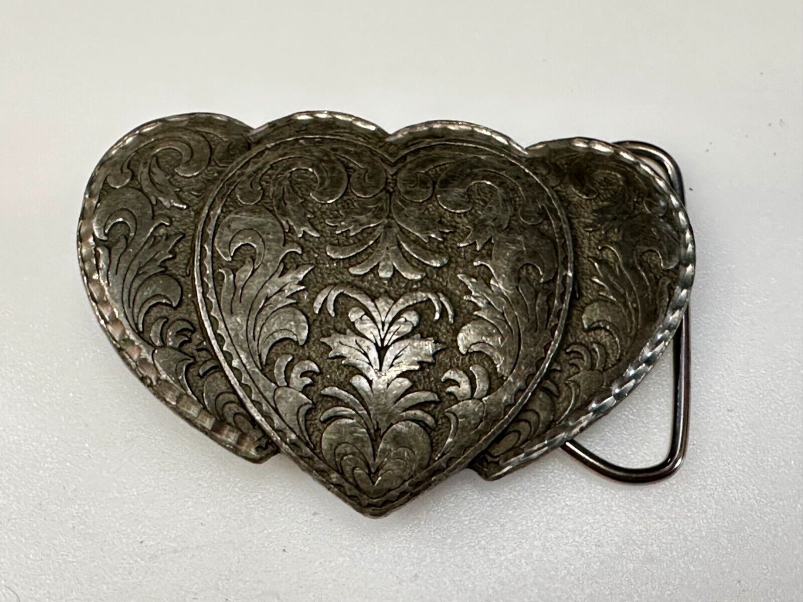 Triple Hearts Flower Swirl VTG 1995 Western Cowboy Cowgirl Belt Buckle C&J Inc.