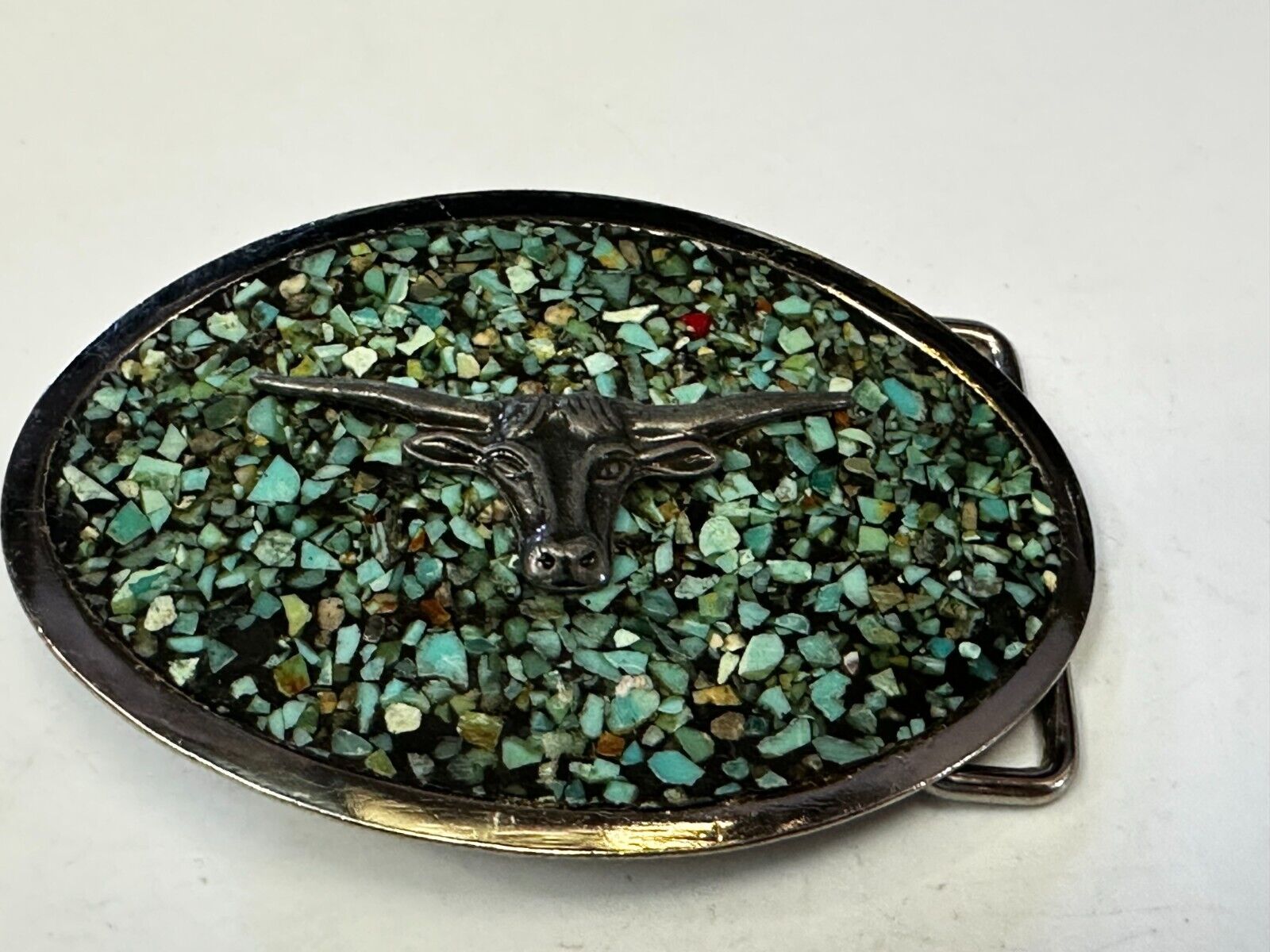 Turquoise chip inlaid Cowboys Cowgirls Longhorn Rodeo Cow Steer Oval Belt Buckle
