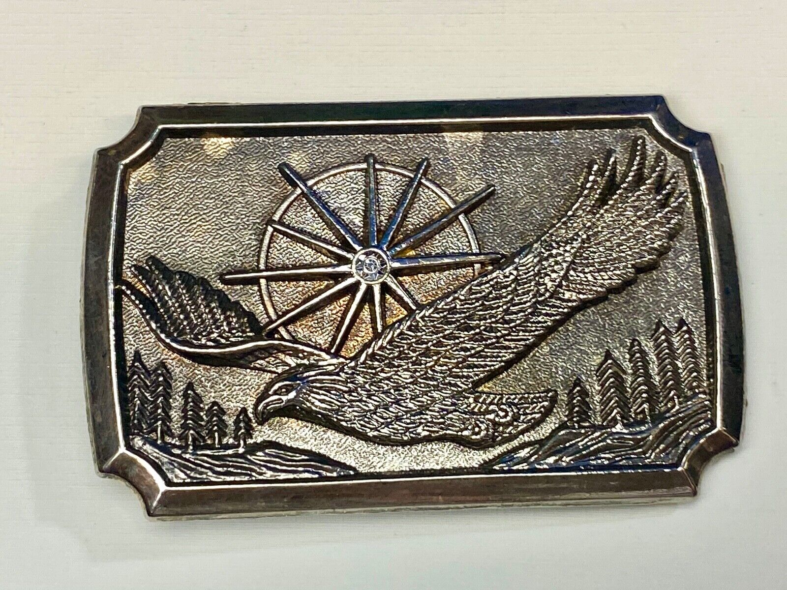American Eagle Flying wings wide with star sun burst! Rectangular belt buckle 