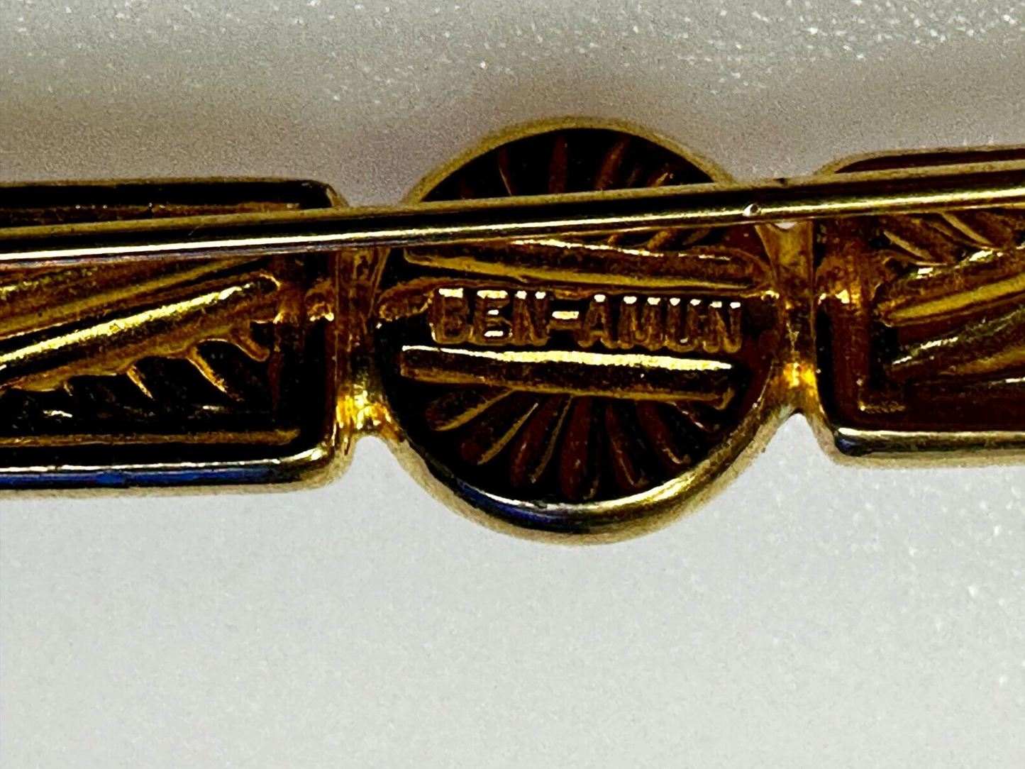 Three Red Round Glass? Vintage Gold Tone Bar Brooch Pin Signed by Ben-Amun