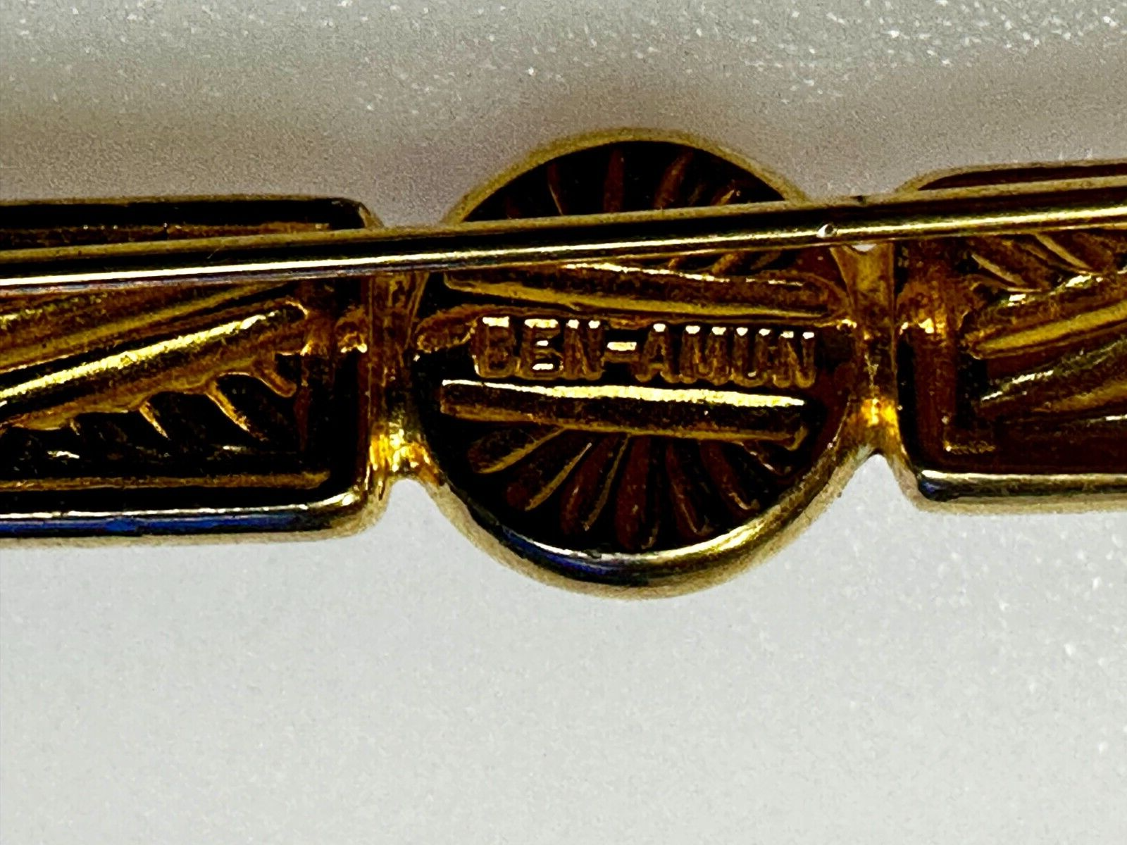 Three Red Round Glass? Vintage Gold Tone Bar Brooch Pin Signed by Ben-Amun