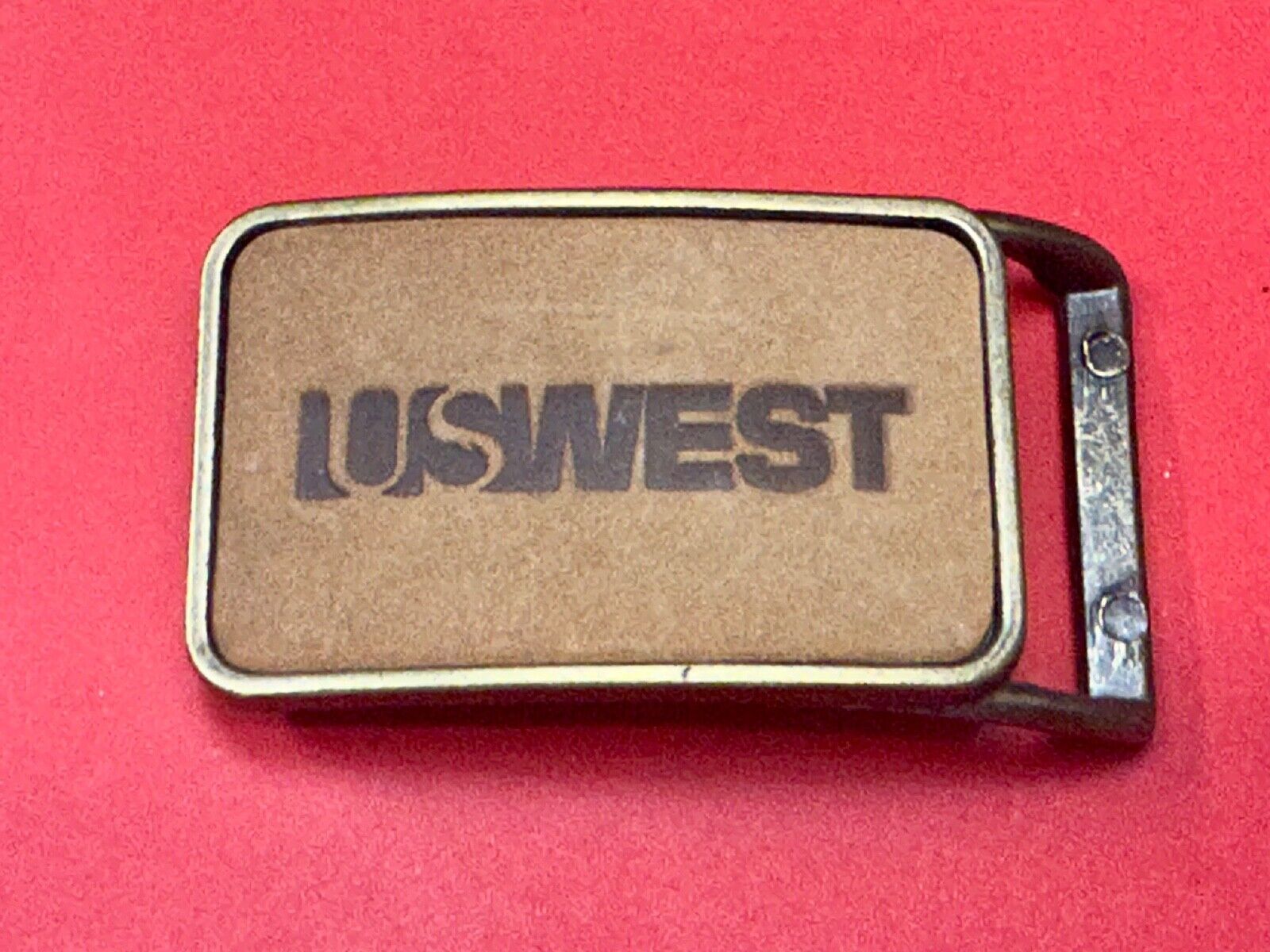 US WEST Telephone Service Company Promo Vintage Leather & Brass Tone Belt Buckle