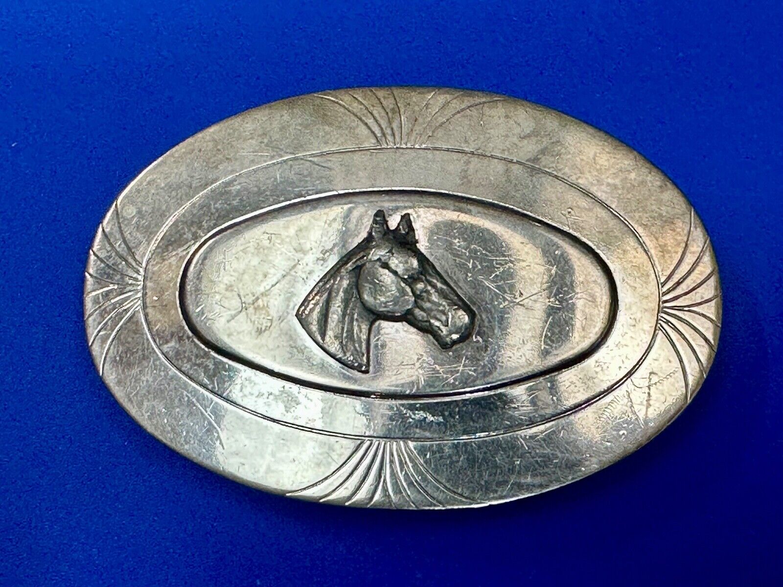 Vintage Horse Head Nickel Silver Oval Belt Buckle by The LynTone Company