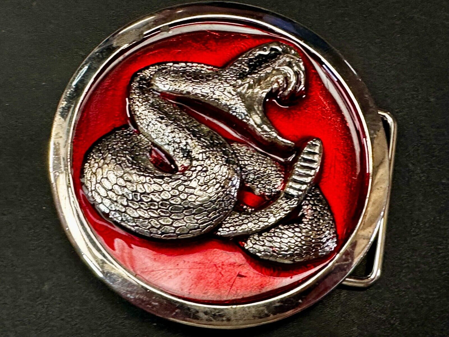 Attacking Snake with Fangs Red Enameled Round Belt Buckle Classico Italia #A246