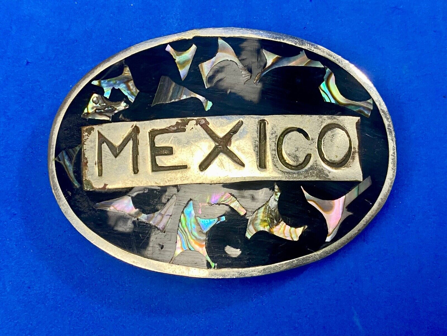 Vintage Inlaid Mother of Pearl MEXICO Spelled Out country belt buckle 