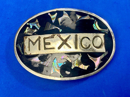 Vintage Inlaid Mother of Pearl MEXICO Spelled Out country belt buckle 