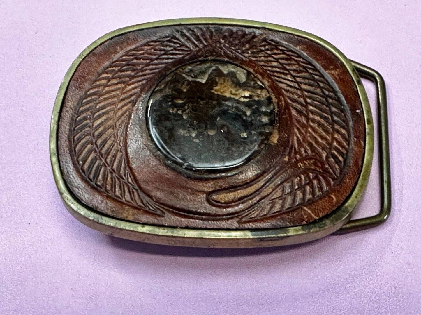 Unique Leather and Solid Brass Round Centerpiece Vintage Belt Buckle by Baron