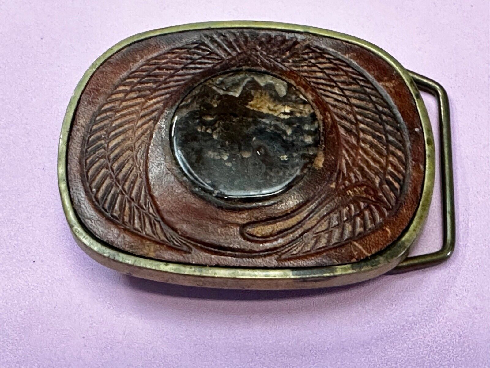 Unique Leather and Solid Brass Round Centerpiece Vintage Belt Buckle by Baron