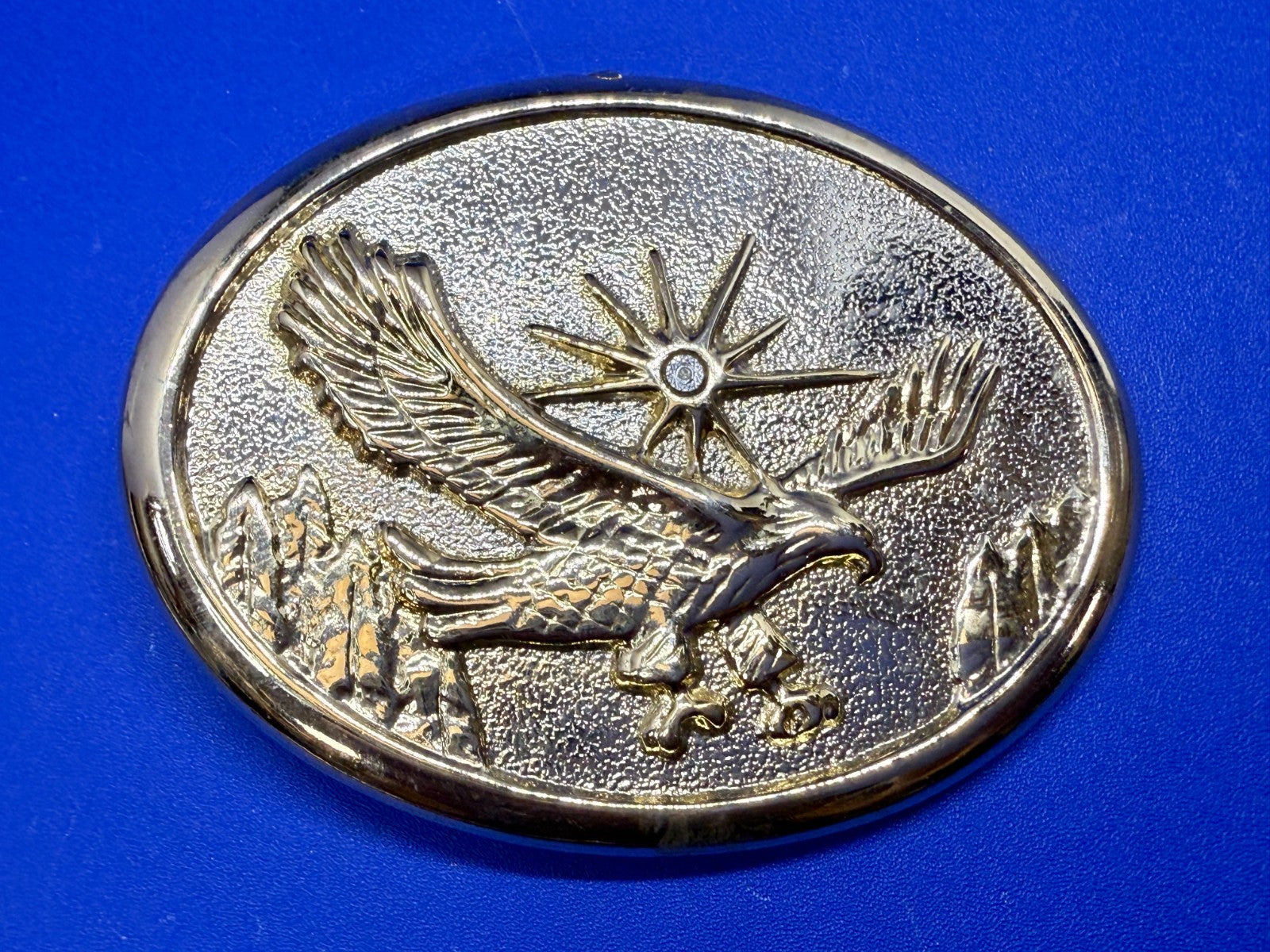 American Bald Eagle Flying Hunting with Patriotic Starburst Vintage Belt Buckle