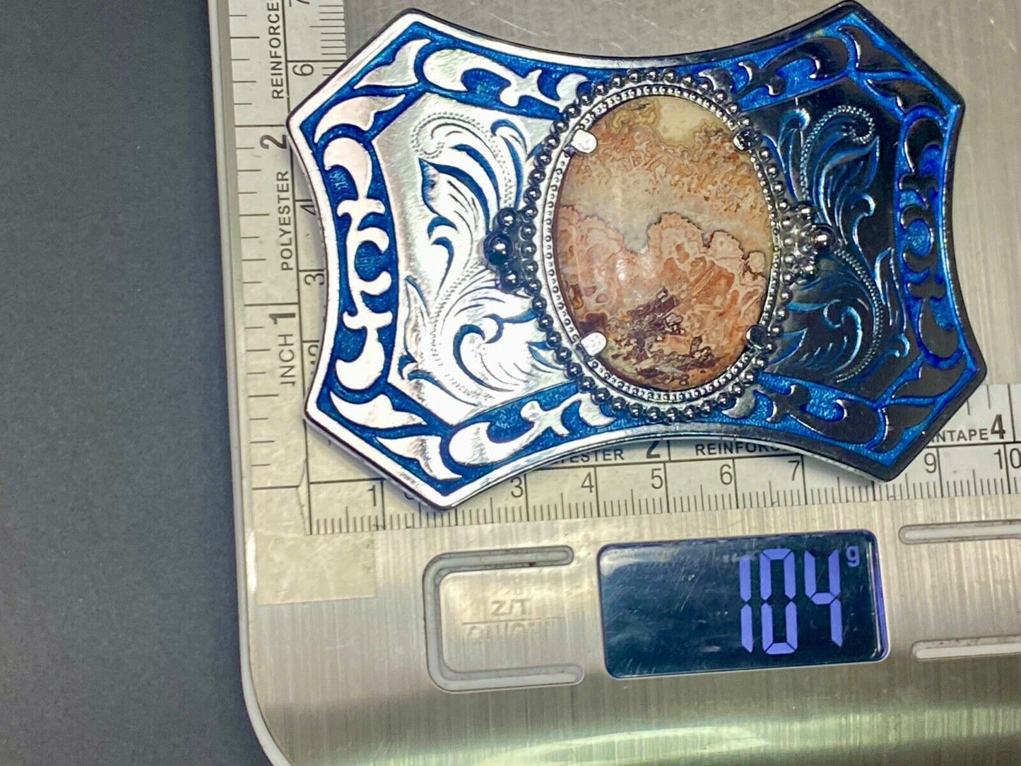 Unique Oval Cabochon Stone Centerpiece On Silver & Blue Color Belt Buckle