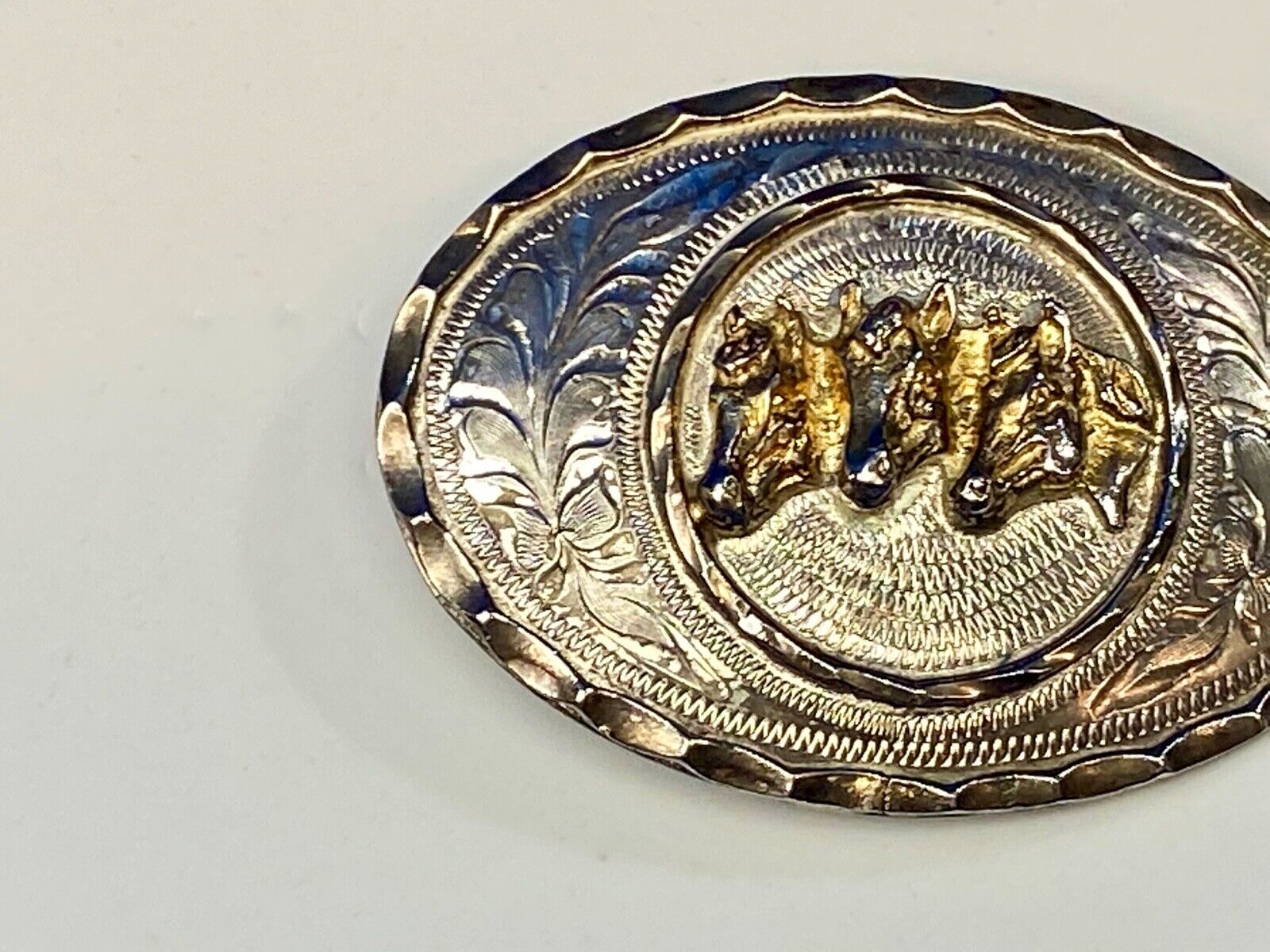 Three Horse Heads - Vintage Silver belt buckle.   See makers mark! 