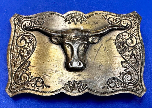 Texas Longhorn Steer Bull Cow Ornate Raised Dimensional Stamped Belt Buckle