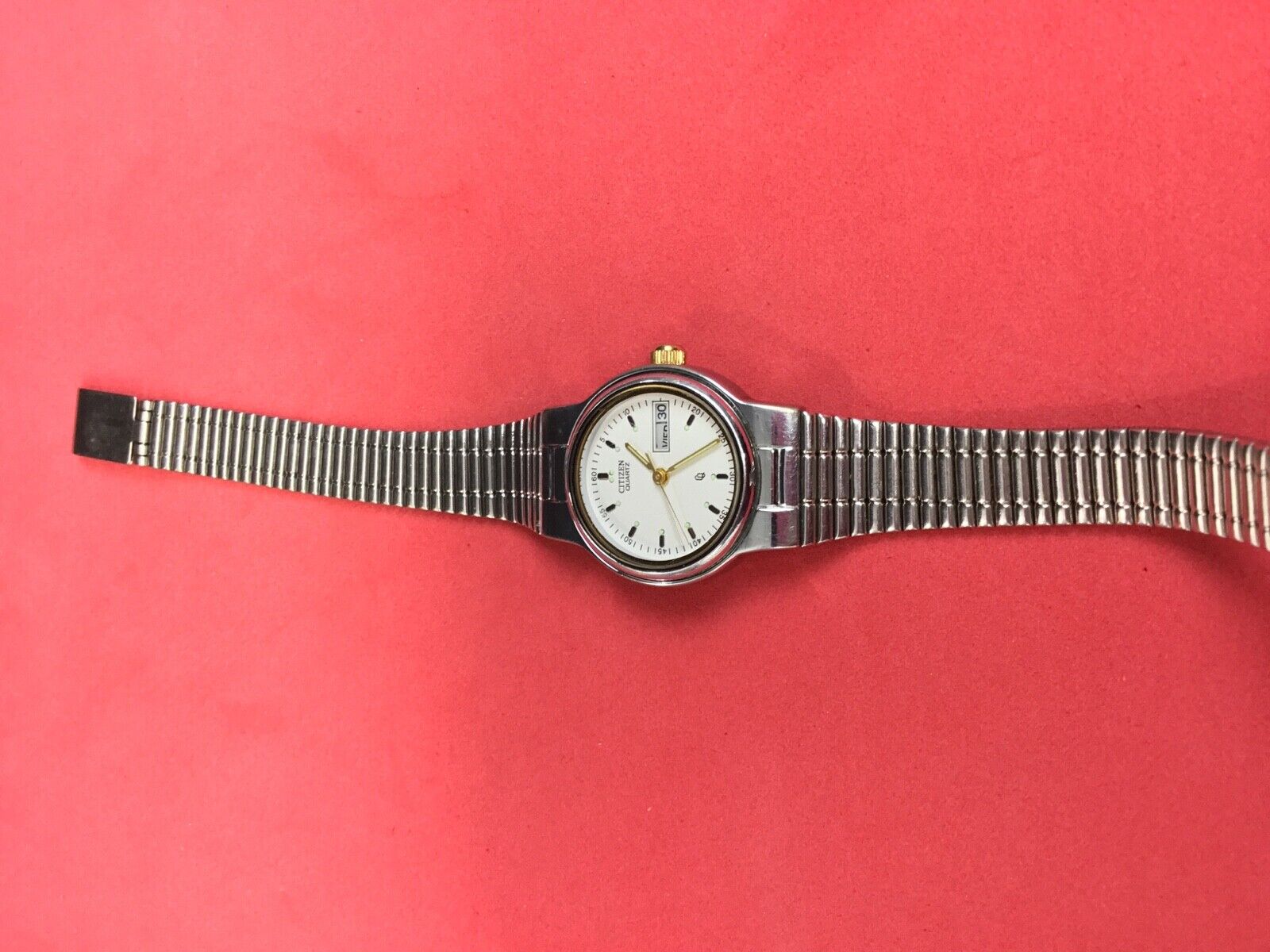 Vintage Citizen Cq Quartz Day Date 6000 Watchsilver Gold Mesh Ladies Women's