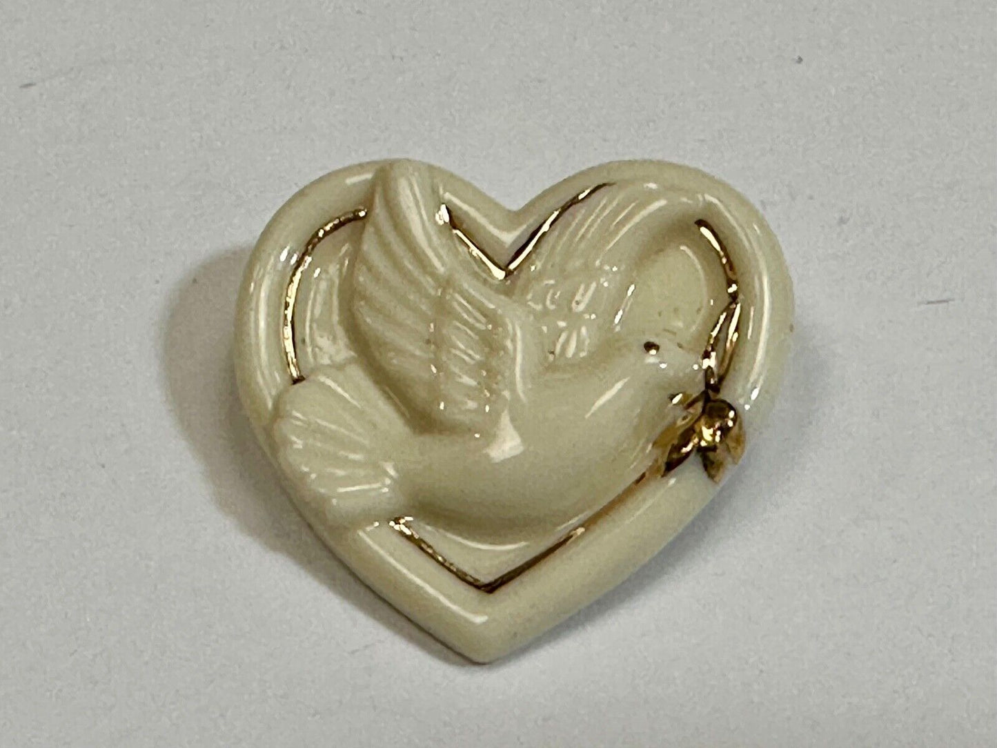 Vintage Lenox Heart Shaped Brooch with Peace Dove & Olive Branch, Gold Trim
