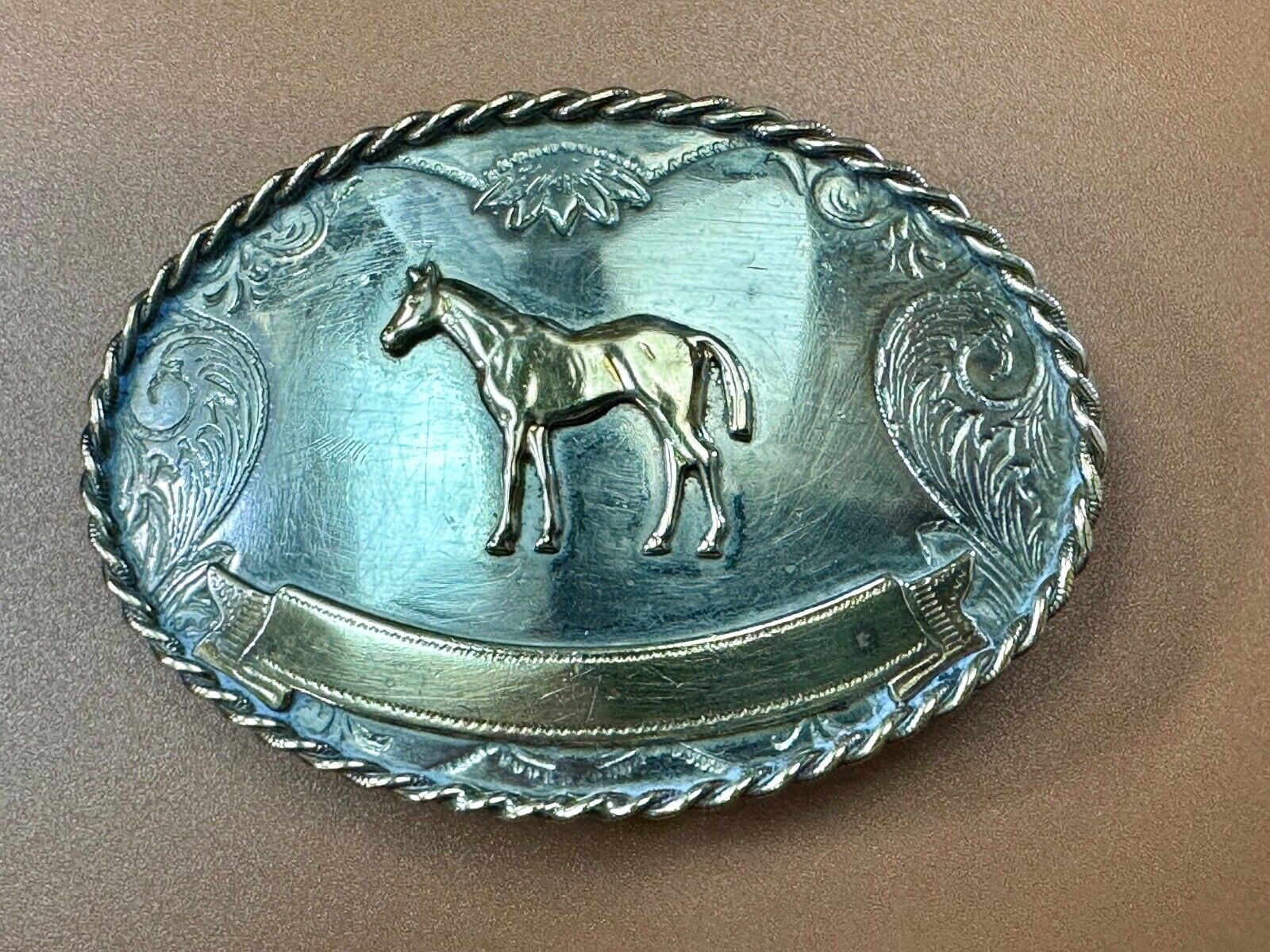 Vintage German Silver Standing Horse Engravable Trophy Award scroll belt buckle