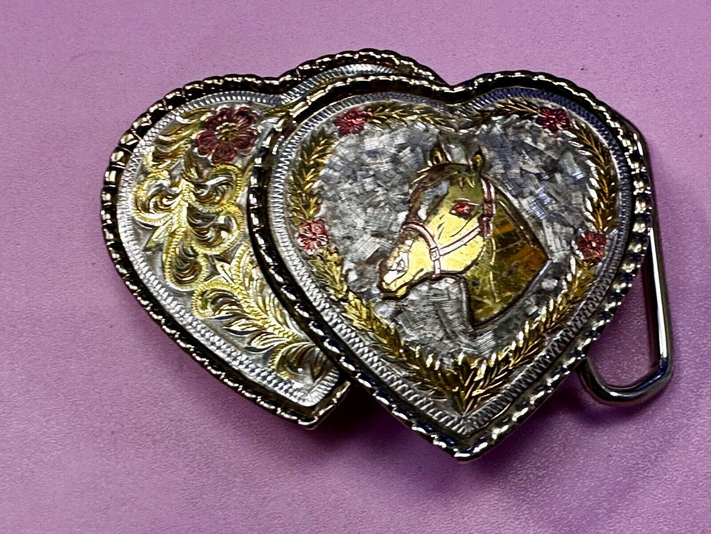 Twin Dual Hearts Horse Head Flower Swirl FloralWestern Belt Buckle W USA