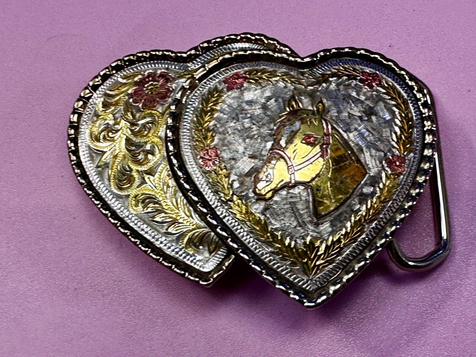 Twin Dual Hearts Horse Head Flower Swirl FloralWestern Belt Buckle W USA