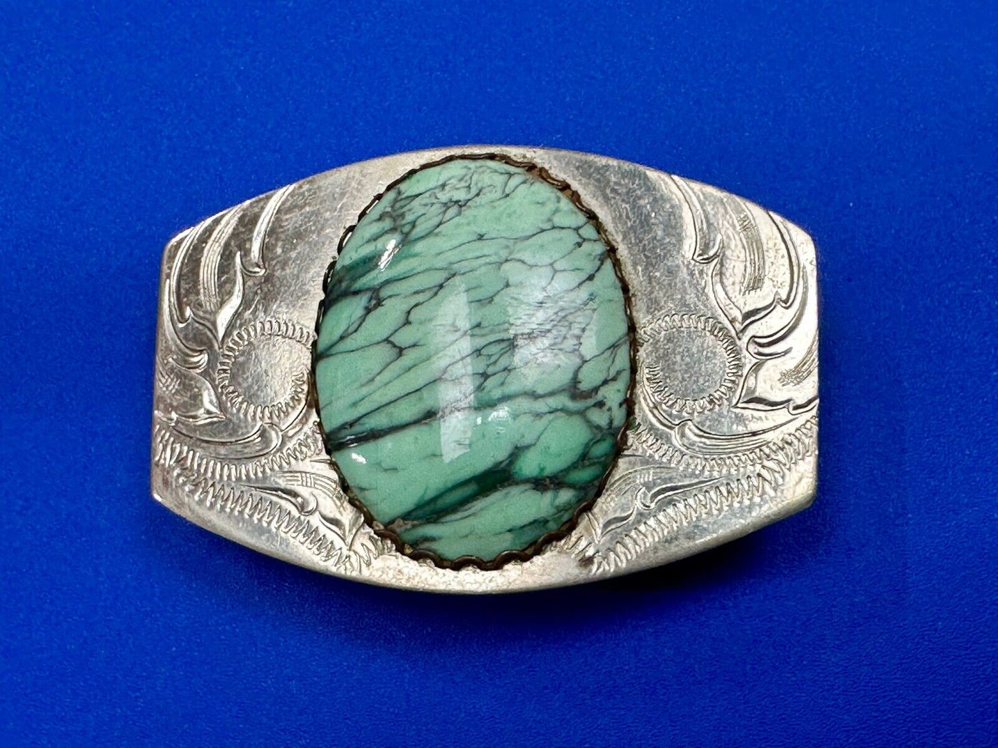 Variscite? Green  Gem Stone Cabochon Centerpiece on Nickel Silver Belt Buckle