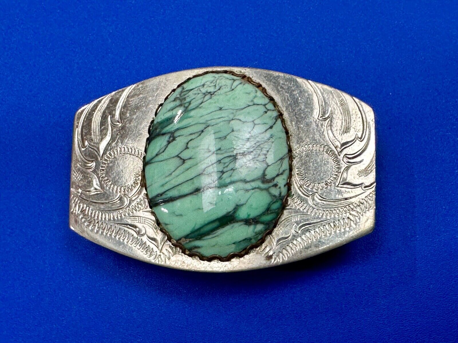 Variscite? Green  Gem Stone Cabochon Centerpiece on Nickel Silver Belt Buckle