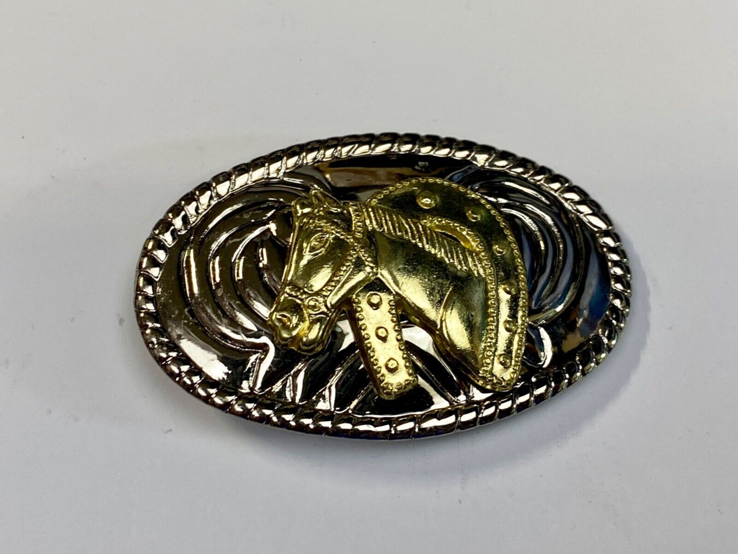 Vintage horse head through lucky horseshoe mixed metal western small belt buckle