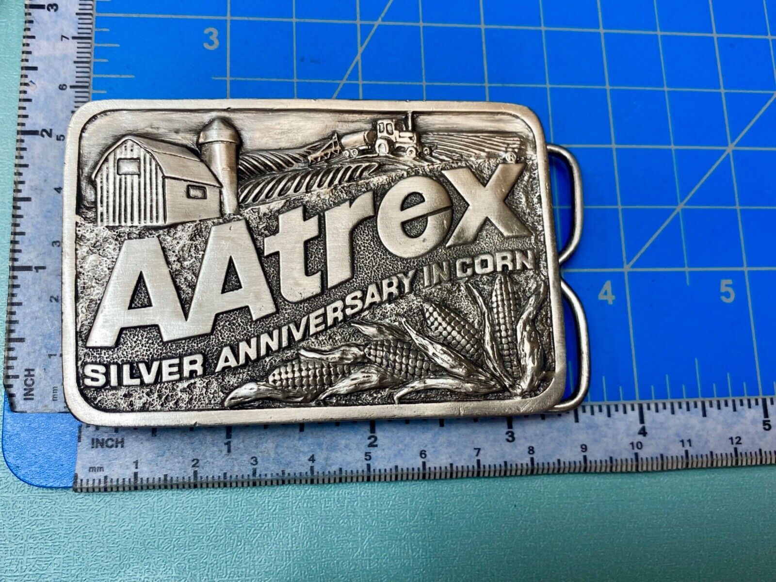 AAtrex Silver Anniversary in Corn Belt Buckle 3.5" Herbicide Farming Farm Barn