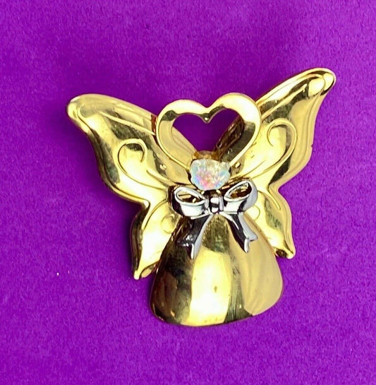 Vintage Angel Brooch Pin Gold Tone Rhinestone Heart Halo Butterfly Wings Jane