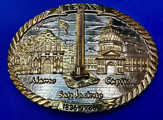TEXAS SESQUICENTENNIAL ALAMO SAN JACINTO CAPITAL 1836-1986 TW Baker Belt Buckle