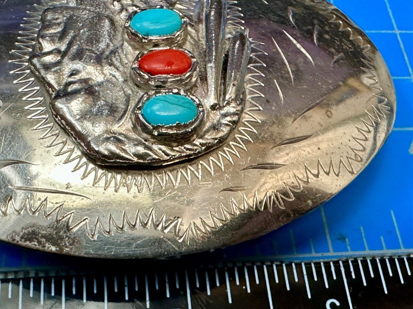 Artisan Native American Indian Bust Belt Buckle  Faux Turquoise & coral accents