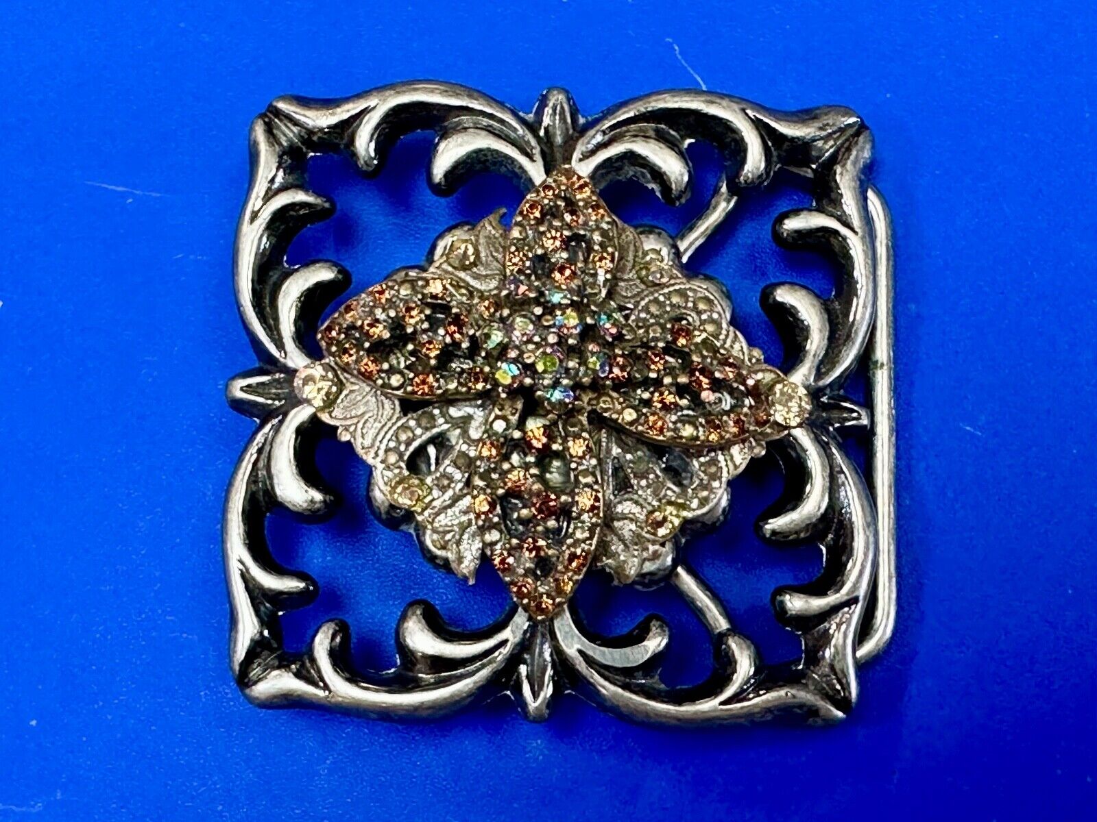 Artisan unique rhinestone mixed media see through silver tone belt buckle