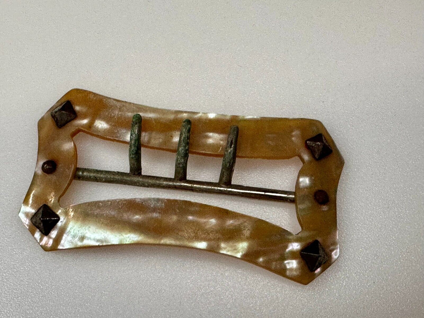 Three Prong Antique Vintage Mop Mother Of Pearl 3" Wide Belt Buckle