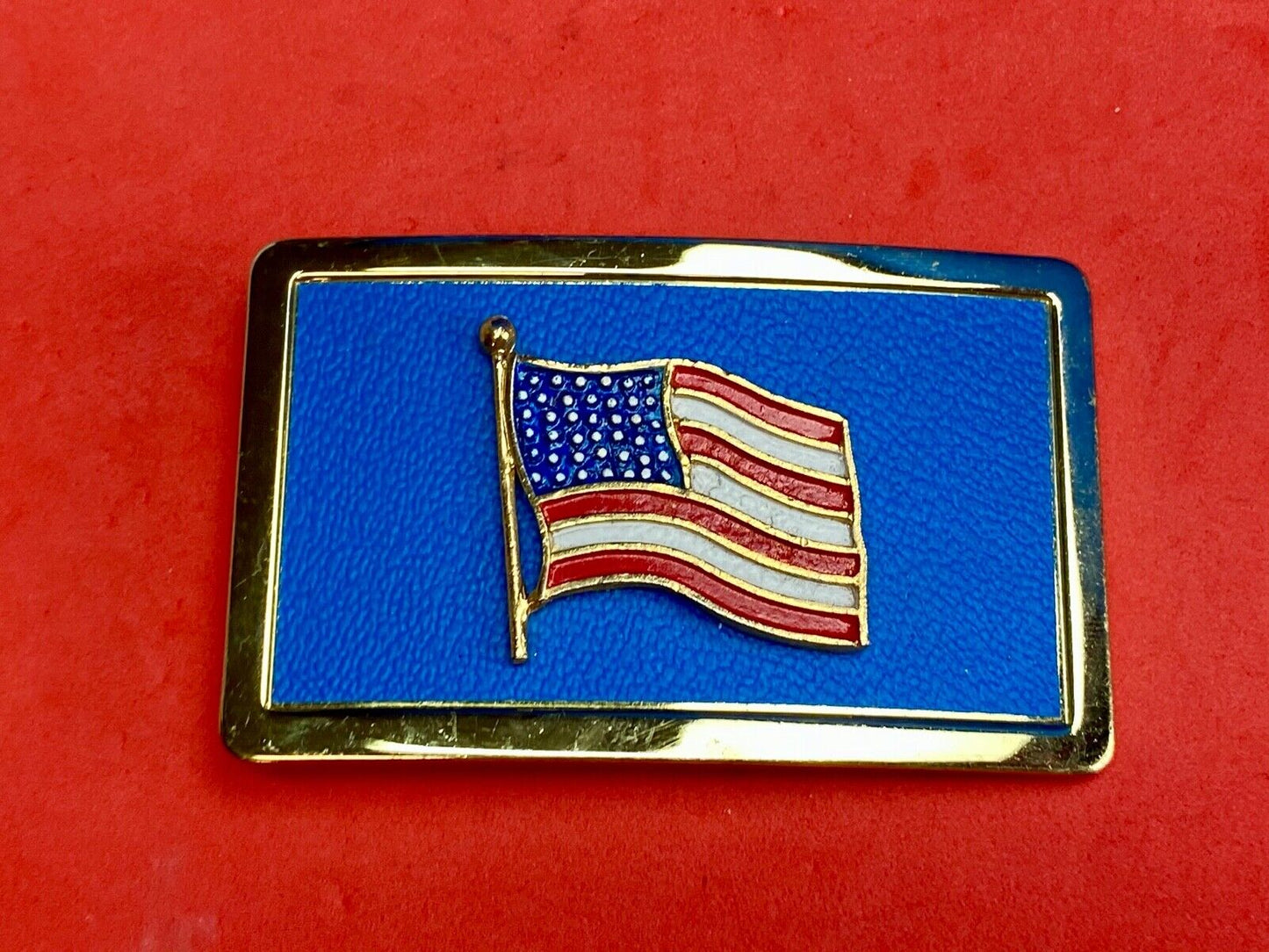 United States of America FLAG raised western belt buckle blue background 