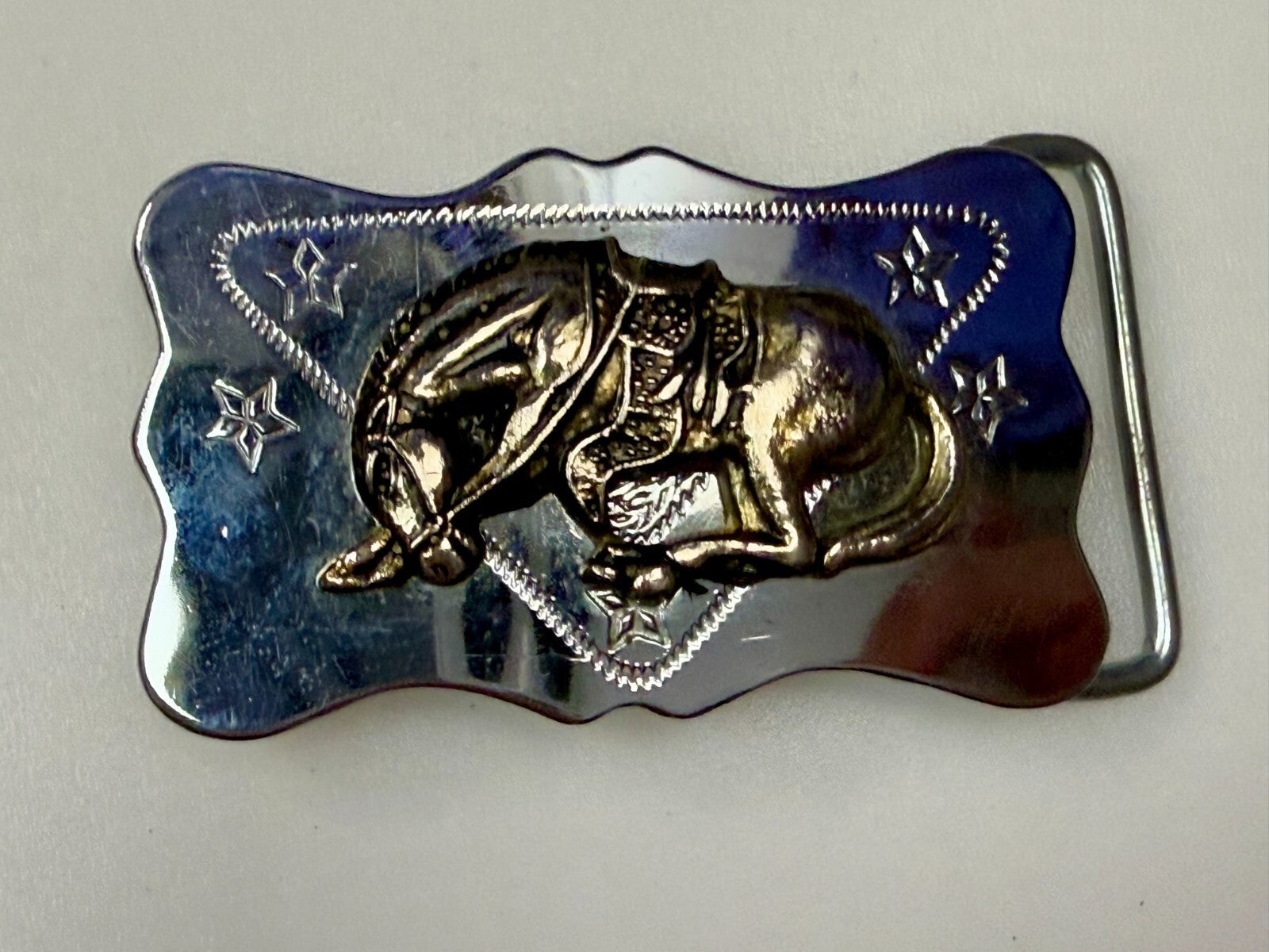 Vintage Horse Head Down End Of The Trail Reflective Two Tone Western Belt Buckle