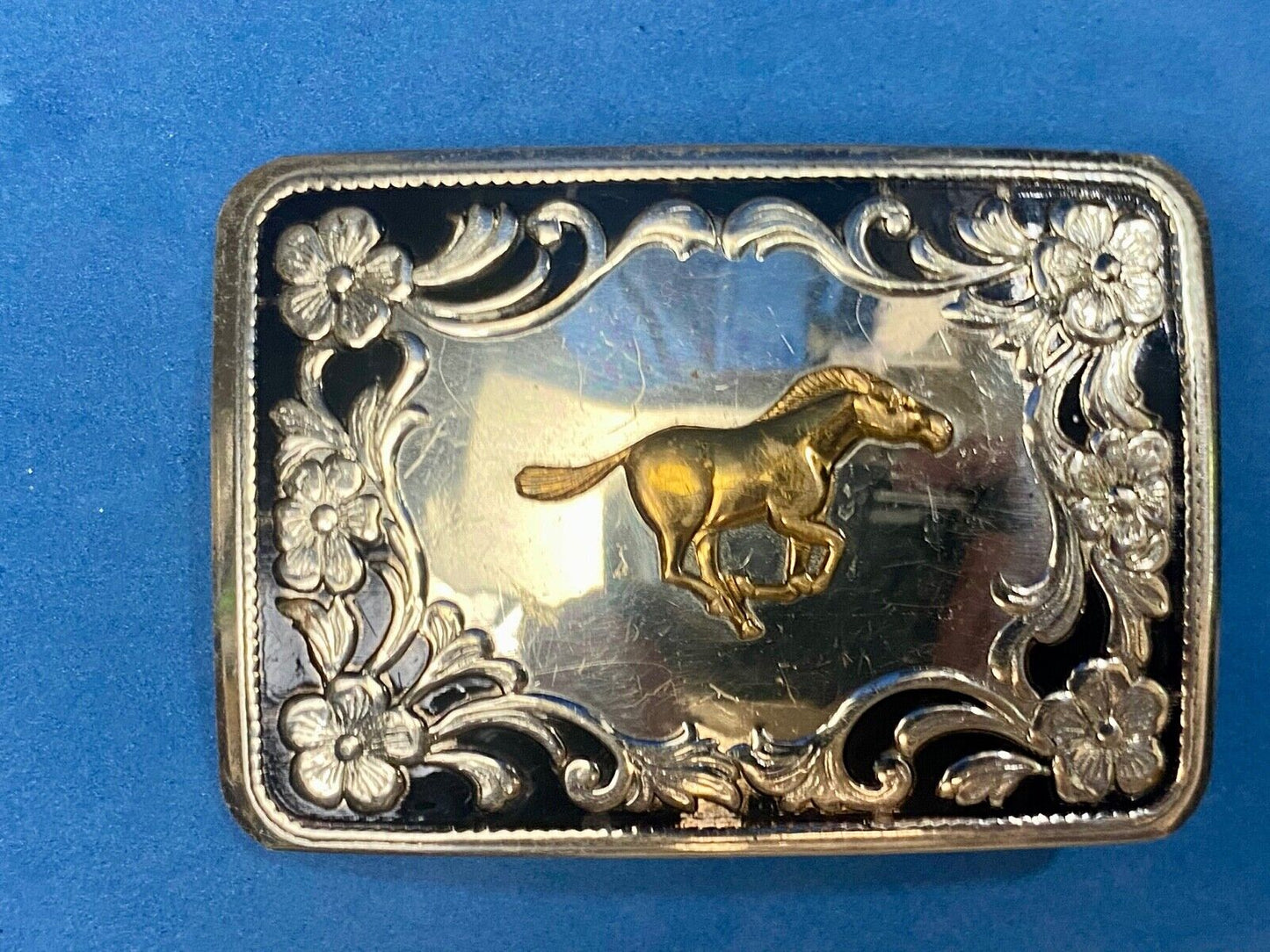 Antique Horse western Nickle Silver and black paint flower swirl belt buckle 