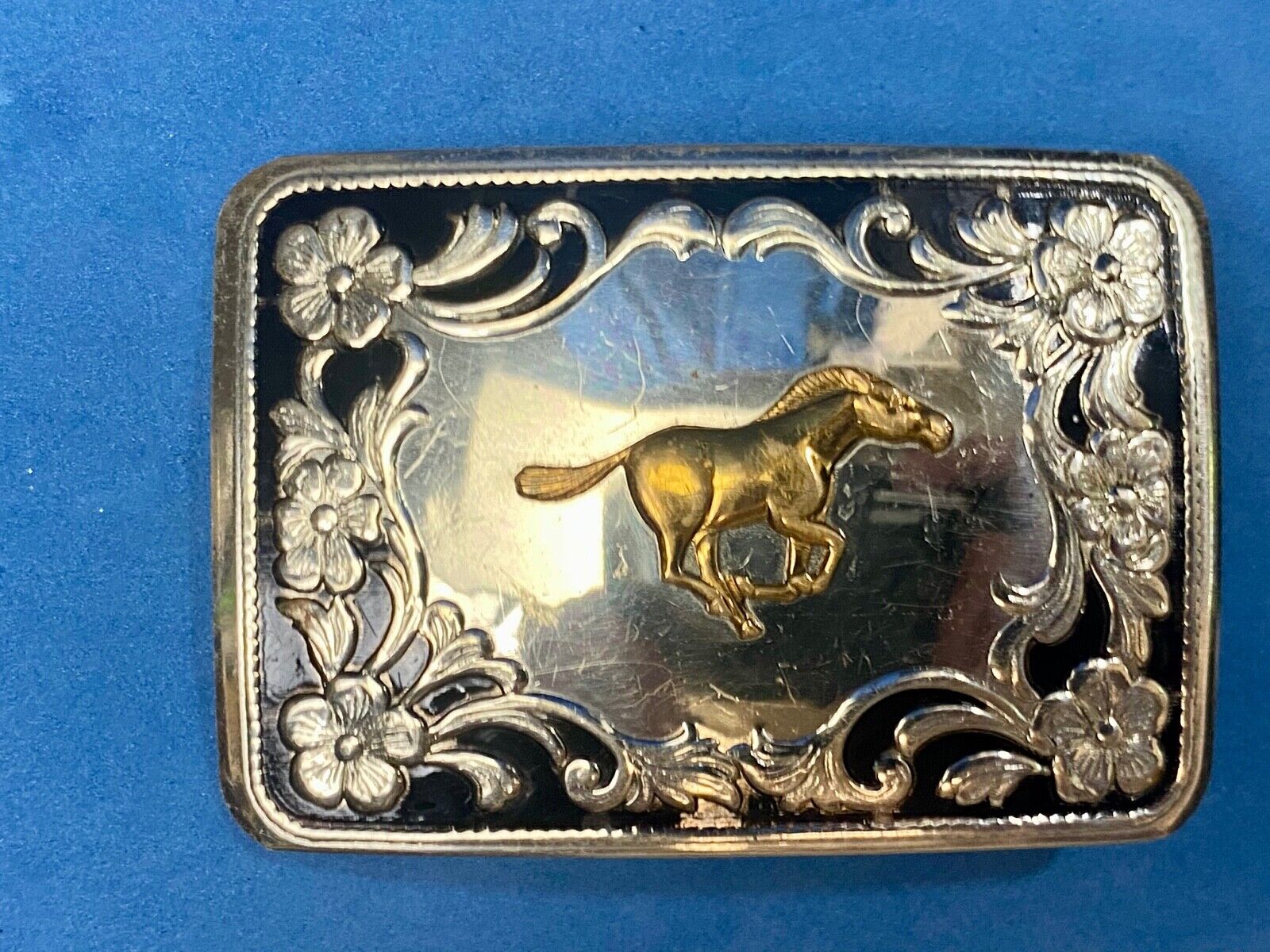 Antique Horse western Nickle Silver and black paint flower swirl belt buckle 