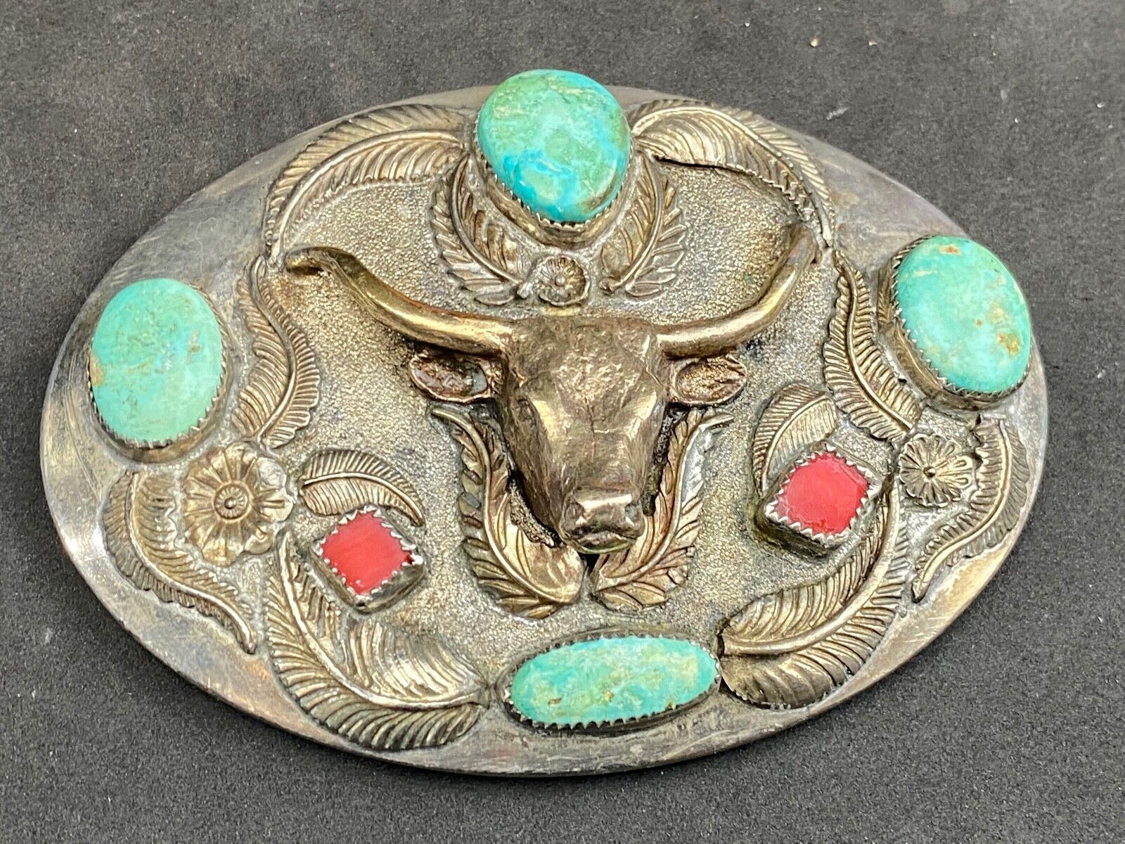 Turquoise & Coral Longhorn Western Belt Buckle By D.K.S. Dieter K.Stiglitz 