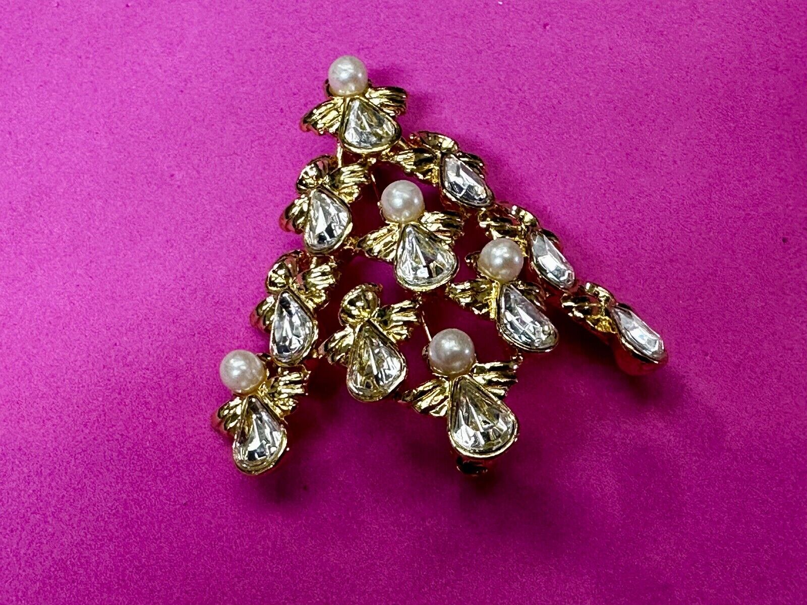 Angel Christmas Tree with Faux Pearls Vtg. Gold Tone Brooch Pin by Ninna Ricci
