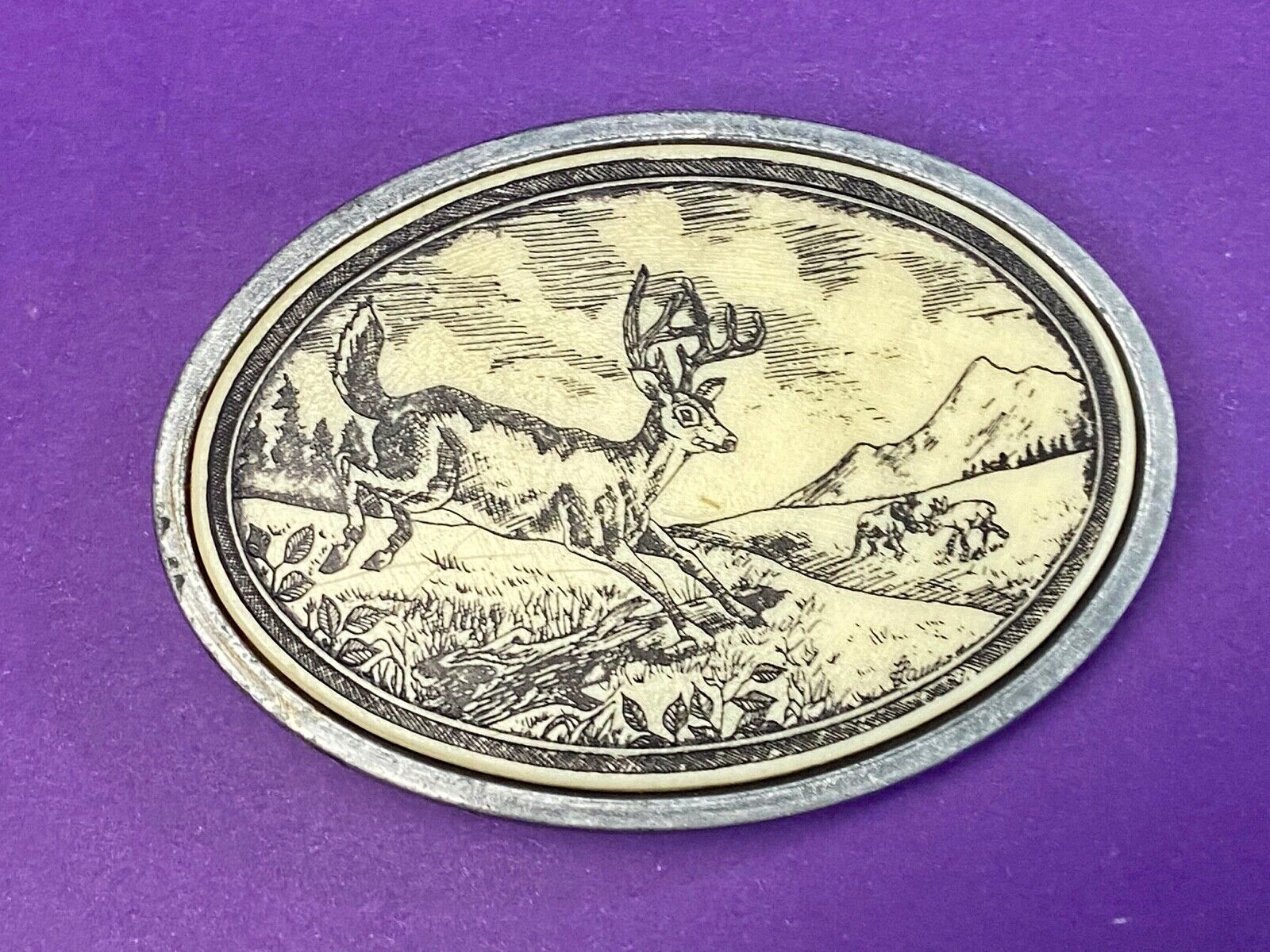 Vintage DEER jumping in nature handcrafted scrimshaw style series belt buckle 