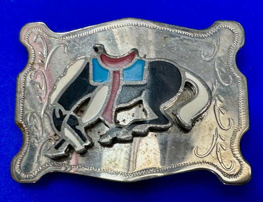 Vintage Cowboy's Horse Saddle Bronc western Inlaid enamel belt buckle