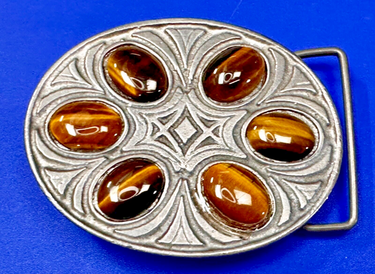 Tigers Eye Gemstones Cabs  Native Indian Style? Vintage Pewter Oval Belt Buckle