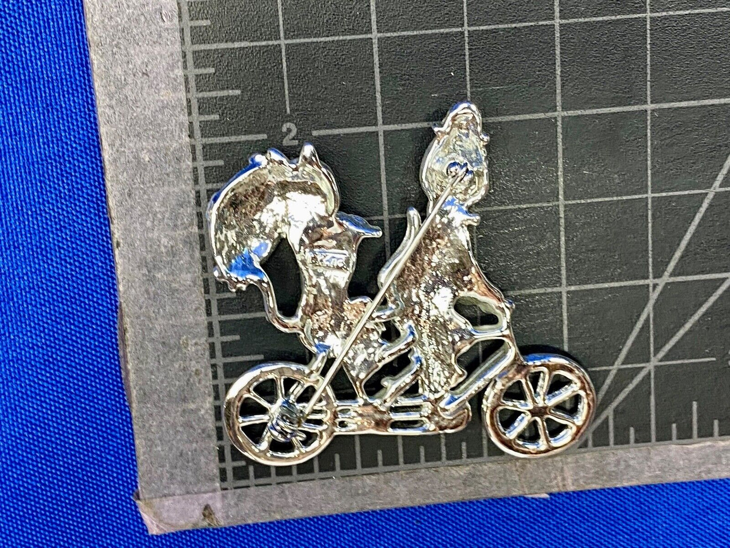 Vintage AJC Two Cats Riding Bicycle  with Umbrella Silver Tone Brooch Pin