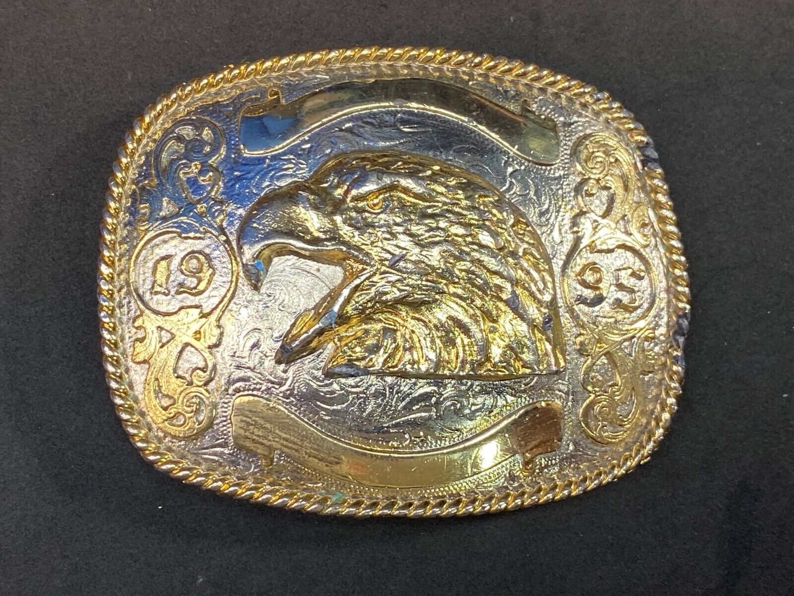 Vintage 1995 Mixed Metal Eagle Head Belt Buckle With Blank Award Ribbon Scroll 