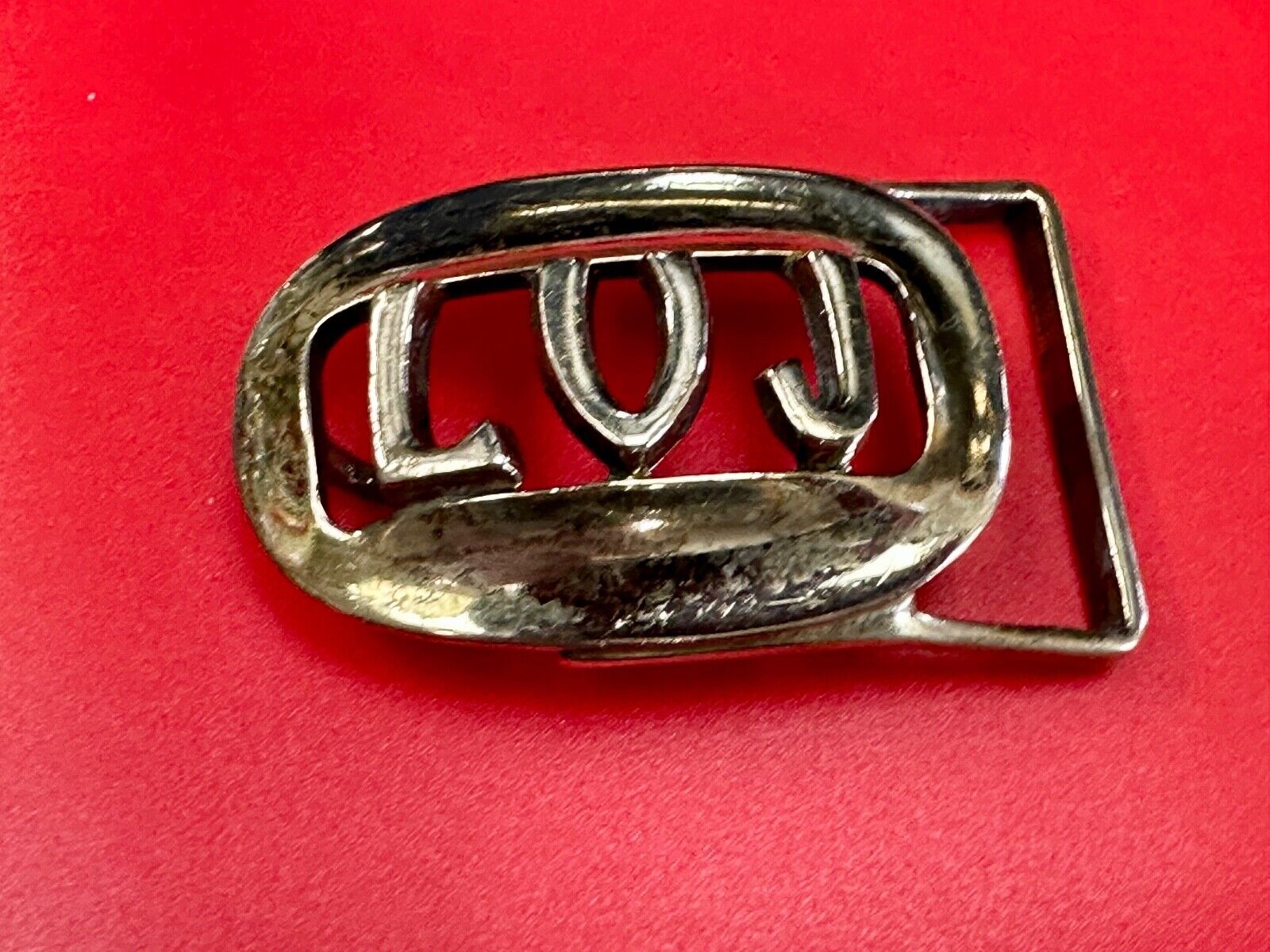 Vintage LVJ LUJ gold tone block letters cutout belt buckle
