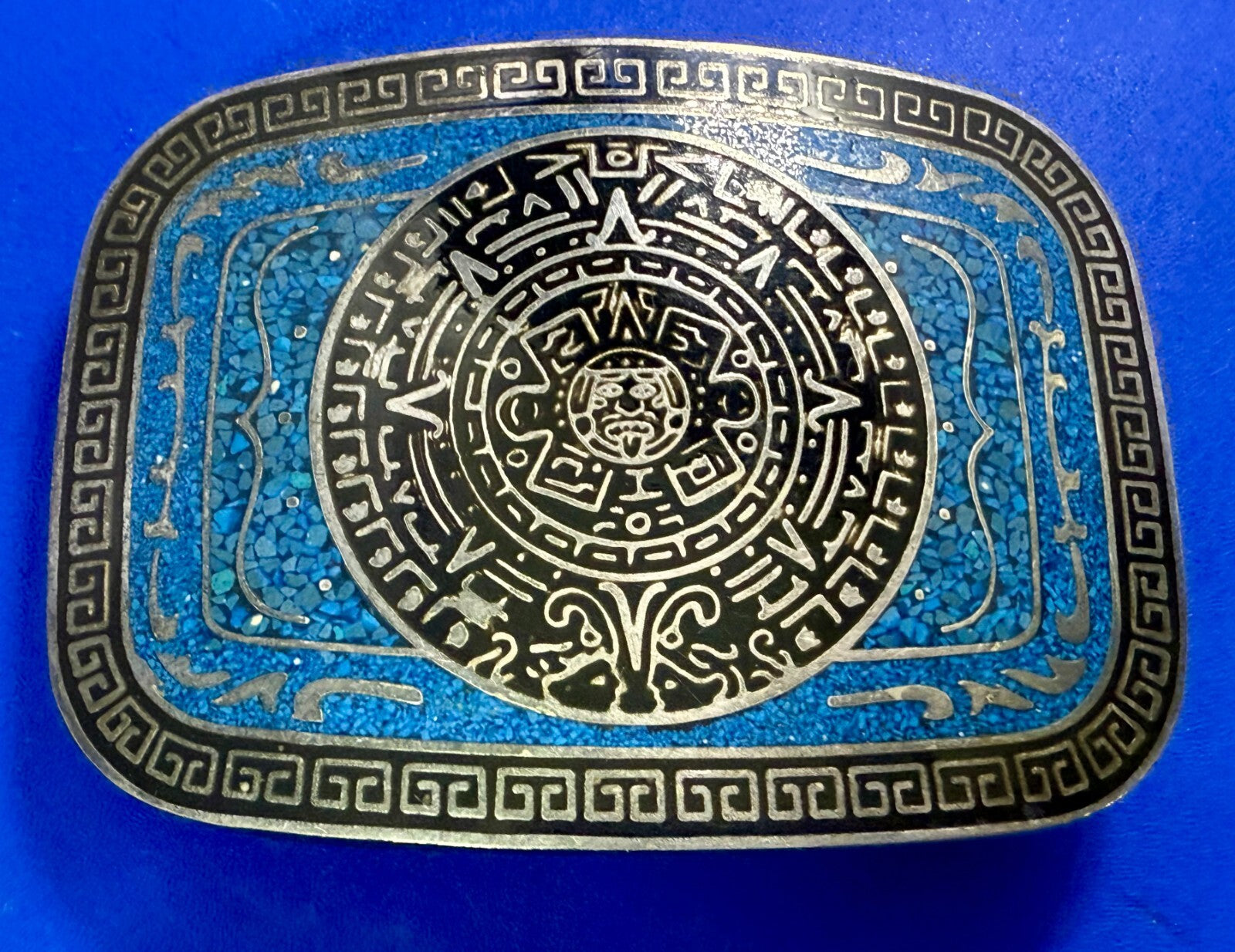Aztec Mayan Calendar Turquoise Chip Inlay Tribal Art Belt Buckle Mexico Made