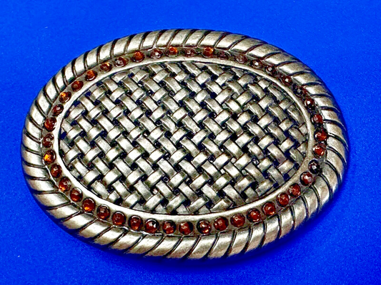 Basket Weave Design Rhinestone Border Vintage Metal Oval Belt Buckle