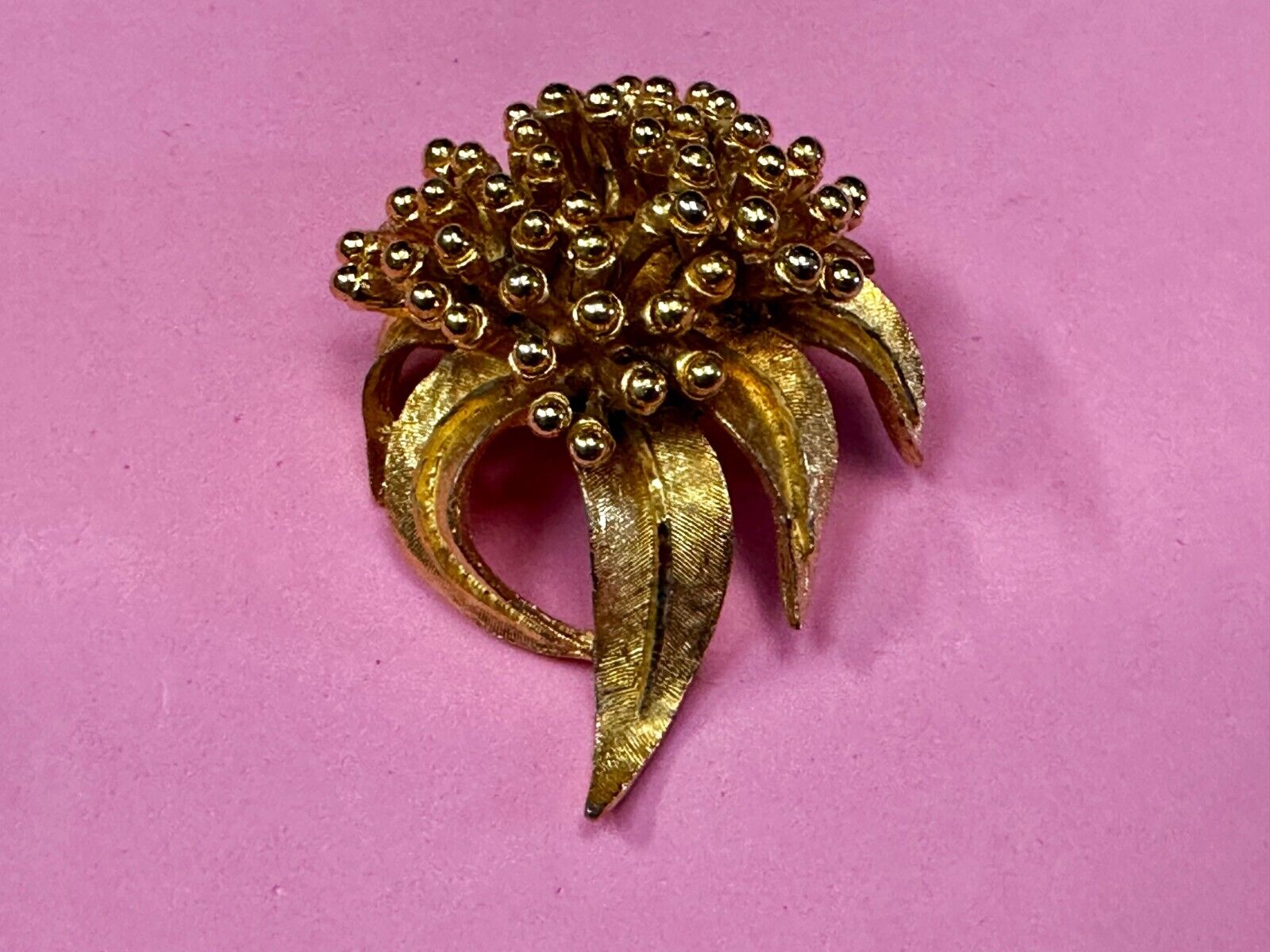 Vintage Flower Textured Brushed Gold Tone Brooch Pin Signed by BSK
